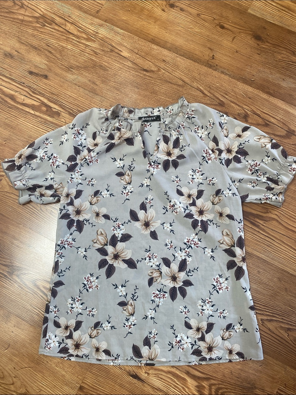 Allegra K Light Gray Floral Puff-Sleeve Blouse